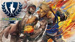  2boys beard black_hair blonde_hair capcom capcom_cup clenched_teeth crosscounter dog_tags facial_hair fighting headband highres luke_sullivan multiple_boys muscular muscular_male official_art punching red_headband ryu_(street_fighter) scar scar_on_face sparse_chest_hair street_fighter street_fighter_6 teeth thick_eyebrows uppercut veins veiny_arms 