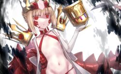  absurdres ahoge bikini blonde_hair braid breasts chalice criss-cross_halter crown cup dragon_claw dragon_tail elbow_gloves facial_mark fate/grand_order fate_(series) female french_braid gloves gold_crown hair_bun hair_intakes hair_ribbon halterneck highres jitome long_hair looking_at_viewer navel nero_claudius_(fate) open_clothes pointed_crown pointy_ears queen_draco_(fate) queen_draco_(second_ascension)_(fate) red_bikini red_eyes red_ribbon ribbon robe single_glove small_breasts solo swimsuit tail white_gloves white_robe yubeshi_(zecxl) 