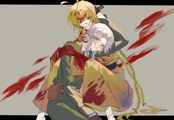  2others adapted_costume androgynous antenna_hair belt black_belt black_gloves blonde_hair blood blood_in_hair blood_on_clothes blood_on_face blood_on_hands bow braid chinese_commentary closed_mouth collared_shirt commentary_request film_grain frown fujiwara_no_shirogane_no_sanra gloves green_jacket green_pants grey_eyes grey_hair hairbow heart_antenna_hair highres hug jacket jishixingle1029 len&#039;en long_hair long_sleeves multiple_others ooama_no_ake_no_mitori other_focus pants parted_bangs red_bow shirt short_hair_with_long_locks smile step-siblings twin_braids white_shirt wide_sleeves yellow_eyes yellow_pants yellow_shirt 