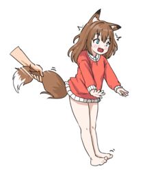  1boy animal_ear_fluff animal_ears barefoot blush brown_hair comodomodo feet female fox_ears fox_girl fox_tail full_body grabbing_another&#039;s_tail green_eyes no_pants oerba_yun_fang open_mouth orange_shirt original shirt short_hair simple_background sol_(comodomodo) surprised tail tail_grab thighs toes white_background 