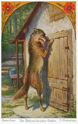  ambiguous_gender ancient_art big_bad_wolf building canid canine canis claws door fairy_tales feral fur furniture german_text house mammal oskar_herrfurth paws plant public_domain shadow solo stool tail text the_wolf_and_the_seven_little_goats tongue tongue_out traditional_media_(artwork) tree wolf 