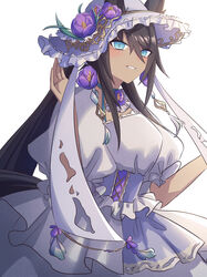  absurdres alternate_costume animal_ears bad_id bad_pixiv_id black_hair blue_eyes blush breasts commentary_request cowboy_shot crocus_(flower) dark-skinned_female dark_skin dress ears_through_headwear female flower frilled_headwear hair_between_eyes hat hat_flower highres horse_ears horse_girl long_hair medium_breasts puffy_dress puffy_short_sleeves puffy_sleeves purple_flower short_sleeves simple_background smile solo symboli_kris_s_(umamusume) toriumi_(fioripera14) umamusume very_long_hair white_background white_dress white_hat 