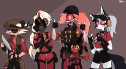  4_fingers absurd_res anthro armor beanie black_hair bladed_weapon blonde_hair blush blush_lines bottomwear bullet canid canid_demon canine charlie_morningstar cherri_bomb_(hazbin_hotel) clothing collar cosplay costume cyclops demoman_(team_fortress_2) demon demon_humanoid electronics explosives eyewear female fingers fire_suit fur gas_mask gear glasses gloves grenade grenade_belt grey_hair group hair handwear hat hazbin_hotel headgear headphones headwear heart_eyes heart_symbol hellhound helluva_boss helmet hi_res horn humanoid imp jacket kukri looking_at_viewer loona_(helluva_boss) male mammal mask military_uniform millie_(helluva_boss) mythological_canine mythological_creature mythology name_tag pink_hair pouches pyro_(team_fortress_2) red_clothing red_eyes red_sclera red_topwear scout_(team_fortress_2) shirt shorts signature sinner_demon smile sniper_(team_fortress_2) soldier_(team_fortress_2) souocancrusader spiked_collar spikes striker_(helluva_boss) suit tag_(disambiguation) tail team_fortress_2 topwear uniform valve vest weapon white_body white_fur x_pupils yellow_sclera 