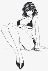  absurdres arm_support bikini breasts eyewear_on_head female fubuki_(one-punch_man) greyscale high_heels highres knees_up large_breasts looking_at_viewer monochrome mostlybluewyatt one-punch_man short_hair side-tie_bikini_bottom sitting solo sunglasses swimsuit 