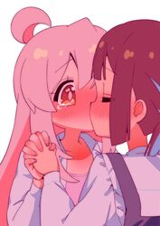  2girls ahoge blue_hair blunt_bangs blunt_ends blush bra brown_eyes brown_hair closed_eyes commentary highres holding_hands hozuki_momiji interlocked_fingers kissing long_hair long_sleeves mochitsuki_kagami multicolored_hair multiple_girls nose_blush onii-chan_wa_oshimai! open_clothes open_shirt oyama_mahiro pink_bra pink_hair shirt short_hair simple_background suspenders tears two-tone_hair underwear upper_body white_background white_shirt yuri 