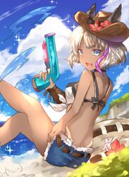  alternate_costume animal_ears asada_sadao bad_id bad_twitter_id beach bikini bikini_top_only blue_eyes chloe_(granblue_fantasy) day denim denim_shorts ears_through_headwear erune fang_out female flower granblue_fantasy hat highres multicolored_hair ocean oerba_yun_fang outdoors purple_hair sand short_hair shorts swimsuit tan two-tone_hair water_gun white_hair 