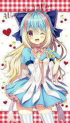  ;d blonde_hair blue_bow blue_gloves blue_hair blue_skirt blush bow cherry commentary_request copyright_name female food fruit gloves hair_between_eyes hairbow head_tilt heart heart_hands kuroe_(sugarberry) layered_sleeves little_alice_(wonderland_wars) long_sleeves looking_at_viewer multicolored_hair one_eye_closed open_mouth photoshop_(medium) pink_bow puffy_short_sleeves puffy_sleeves red_eyes shirt short_over_long_sleeves short_sleeves skirt smile solo striped_clothes striped_thighhighs sunshine_creation thighhighs two-tone_hair vertical-striped_clothes vertical-striped_thighhighs white_shirt wide_sleeves wonderland_wars 