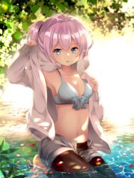  arm_up armpits artist_name backlighting barefoot bikini bikini_top_only bikini_under_clothes black_leggings blue_bikini blue_eyes blurry bow bow_bikini breasts casual caustics collarbone commentary_request day depth_of_field female grey_jacket grey_shorts heart-shaped_petals hood hooded_jacket jacket kantai_collection kneeling leaf leggings lens_flare lily_pad long_sleeves looking_at_viewer navel open_clothes open_jacket outdoors parted_lips petals petals_on_liquid pink_hair ponytail sakamaki_akimu shiranui_(kancolle) short_shorts shorts small_breasts solo sparkle swimsuit unzipped water 