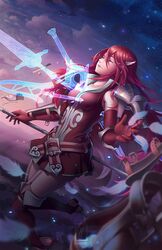  armor aura boots breastplate breasts closed_eyes cloud commentary cordelia_(fire_emblem) dress english_commentary falchion_(fire_emblem) falling feathers female fire_emblem fire_emblem_awakening fire_emblem_heroes gauntlets gloves hair_ornament kaijuicery lips long_hair medium_breasts multiple_weapons parted_lips polearm red_eyes red_hair sky solo sword tears thigh_boots thighhighs thighs weapon zettai_ryouiki 