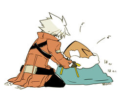  &gt;_&lt; 1boy bad_id bad_pixiv_id blazblue closed_eyes dead_spike jacket kuro_yuzu ragna_the_bloodedge red_jacket white_hair 