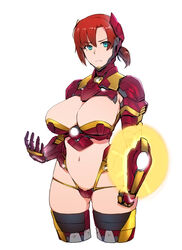  adapted_costume aqua_eyes ass_visible_through_thighs boudica_(fate) breasts cleavage cleavage_cutout closed_mouth clothing_cutout commentary_request cosplay cowboy_shot cropped_legs fate/grand_order fate_(series) female frown gauntlets headgear huge_breasts iron_man iron_man_(cosplay) kurowa large_breasts looking_at_viewer marvel navel red_hair revealing_clothes shield short_ponytail shrug_(clothing) simple_background solo thighhighs white_background wide_hips 