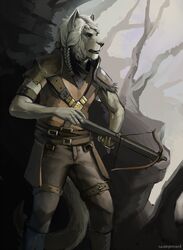  2015 anthro armor black_eyebrows black_nose bottomwear braided_hair clothed clothing crossbow detailed_background digital_media_(artwork) eyebrows felid front_view fully_clothed fur hair holding_object holding_weapon khajiit male mammal microsoft outside pants pauldron ranged_weapon rock signature solo standing teeth the_elder_scrolls weapon white_body white_fur white_hair whiteleonard 