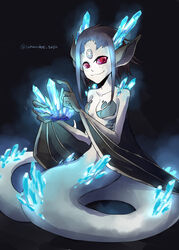  :3 animal_ears bat_ears bat_wings blank_eyes breasts colored_sclera commentary_request crystal female forehead_jewel gem glowing glowing_crystal grey_hair holding lamia looking_at_viewer monster_girl original red_sclera scales short_hair short_hair_with_long_locks sidelocks sitting small_breasts smile solo twitter_username winged_arms wings yamanobe_saya 