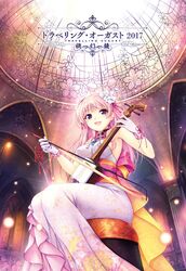  armpits bare_shoulders bekkankou breasts dress erhu female floral_print flower gloves hair_flower hair_ornament highres holding indoors instrument long_hair medium_breasts miyaguni_akari music official_art open_mouth pink_dress pink_hair playing_instrument purple_eyes sen_no_hatou_tsukisome_no_kouki sitting sleeveless smile solo 