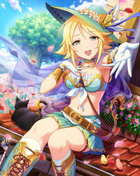  :d armlet artist_request bard belt blonde_hair boots breasts bustier cape choker cleavage cross-laced_footwear feline female front-tie_top gloves green_eyes hand_on_own_chest harp hat idolmaster idolmaster_cinderella_girls instrument jewelry jpeg_artifacts lyre medium_breasts midriff navel official_art open_mouth outdoors petals pleated_skirt short_hair skirt smile solo tile_roof tiles tree umeki_otoha vambraces white_gloves 