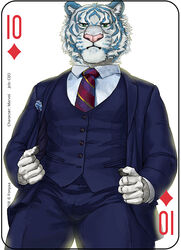  2018 anthro bottomwear card card_template ceo clothed clothing copyright_symbol diamonds_(suit) digital_media_(artwork) english_text felid fonyaa fur green_eyes looking_at_viewer male mammal multicolored_body multicolored_fur muscular muscular_anthro muscular_male necktie pantherine pants playing_card playing_card_template shirt simple_background solo standing striped_body striped_fur stripes suit suit_symbol symbol ten_of_diamonds text tiger topwear white_body white_fur 