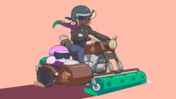  2girls 3d_rod! alternate_costume animated animated artist_name closed_mouth commentary dark-skinned_female dark_skin driving floating_hair full_body gloves goggles green_hair helmet inkling jacket long_hair long_sleeves looping_animation marina_(splatoon) motor_vehicle motorcycle multicolored_hair multiple_girls octoling pants pearl_(splatoon) pink_hair purple_hair riding scarf shadow sidecar simple_background sitting smile splat_roller_(splatoon) splatoon_(series) splatoon_2 suction_cups sunglasses tentacle_hair very_dark_skin wind 