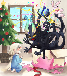  &gt;_&lt; :d barefoot black_hair black_skin blonde_hair blue_pajamas blue_ribbon blush bow box christmas christmas_ornaments christmas_tree closed_eyes colored_sclera colored_skin commentary_request crying extra_arms female from_side full_body gift gift_box gloom_(expression) hair_between_eyes holding holding_gift horns indoors lolicon long_hair low-tied_long_hair monster no_pupils nose_blush open_mouth original pajamas party_popper pointy_ears red_bow red_ribbon ribbon sharp_teeth sitting smile solid_circle_eyes star_(symbol) stuffed_animal stuffed_rabbit stuffed_toy sweat teeth twitter_username window yamanobe_saya yellow_sclera 