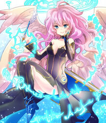  archangel_metatron_(p&amp;d) black_dress blue_eyes commentary_request dress female hoshino_(nia_hoshino) long_hair looking_at_viewer nib_pen_(object) pen photoshop_(medium) pink_hair puzzle_&amp;_dragons smile solo wings 