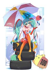  &gt;_&lt; absurdres aqua_eyes aqua_hair arm_support bare_shoulders between_legs boots can choker closed_eyes commentary creature dress drink_can elbow_gloves eyeliner female floating garter_straps gloves goodsmile_racing gradient_legwear hair_between_eyes hand_between_legs hatsune_miku headphones highres long_hair looking_away makeup multicolored_clothes multicolored_gloves multicolored_hair multicolored_legwear official_art open_mouth orange_footwear orange_thighhighs panties pantyshot race_queen racing_miku racing_miku_(2016) second-party_source short_dress sitting sitting_on_object soda_can solo strapless strapless_dress thigh_boots thighhighs tire twintails umbrella underwear very_long_hair vocaloid weights white_dress yoneyama_mai 