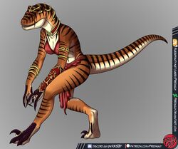  2018 3_fingers 4_toes anthro anthrosaurs armor armwear biped bottomwear bra bracers breasts brown_body brown_scutes choker claws clothed clothing countershade_face countershade_feet countershade_hands countershade_neck countershade_tail countershade_torso countershading dewclaw digitigrade dinosaur dromaeosaurid extinct feet female finger_claws fingers grey_background half_naked hi_res jewelry leaning_over loincloth looking_forward medium_breasts meeka_(zigiizagii) midriff multicolored_body navel necklace non-mammal_breasts predaguy prehistoric_species pupils raptor_claws red_bottomwear red_bra red_clothing red_loincloth red_underwear reptile scalie scuted_feet scuted_hands scutes sharp_teeth sickle_claw side_view simple_background skimpy slit_pupils solo stripes tail tan_body teeth text theropod three-quarter_view toe_claws toes topwear two_tone_body underwear url velociraptor walking yellow_eyes yellow_sclera 