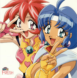  2girls :d ahoge aqua_eyes blue_hair breasts cacao_(lamune) cleavage dark-skinned_female dark_skin earrings fingerless_gloves gloves headband jewelry large_breasts long_hair looking_at_viewer medium_breasts multiple_girls open_mouth parfait_(lamune) photoshop_(medium) purple_eyes red_hair simple_background smile v vs_knight_lamune_&amp;_40_fresh white_background 