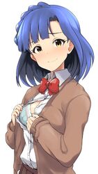  blazer blue_hair blush bow bowtie bra braid breasts commentary_request female idolmaster idolmaster_million_live! jacket looking_at_viewer medium_breasts nanao_yuriko school_uniform short_hair simple_background smile solo underwear undressing upanishi_mariko upper_body white_background yellow_eyes 