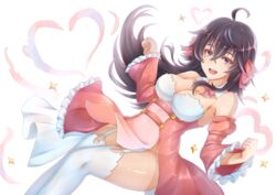  absurdres ahoge bare_shoulders black_hair blue_eyes breasts cleavage commentary detached_collar detached_sleeves dress edwin_(cyberdark_impacts) english_commentary female frilled_sleeves frills garter_straps hair_between_eyes hair_ribbon heart highres lips long_hair looking_at_viewer magical_girl medium_breasts netoge_no_yome_wa_onna_no_ko_janai_to_omotta? open_mouth pink_dress pink_ribbon ribbon round_teeth smile solo sparkle strapless strapless_dress tamaki_ako teeth thighhighs white_thighhighs 