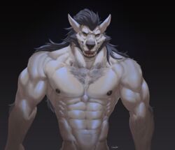  blue_hair canid canine canis digital_media_(artwork) fur hair hi_res kzlion long_hair male mammal muscular muscular_male nipples nude smile solo wolf yellow_eyes 