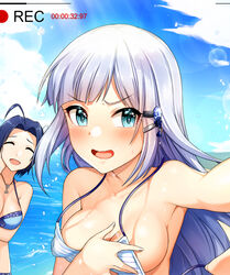  2girls ahoge bad_id bad_pixiv_id bare_shoulders bikini blue_bikini blue_eyes blue_hair blue_sky blush breast_hold breasts cleavage closed_eyes collarbone commentary_request covering_breasts covering_privates day grey_hair hair_ornament hairclip highres idolmaster idolmaster_(classic) idolmaster_million_live! idolmaster_million_live!_theater_days jai_(whany1998) jewelry large_breasts long_hair looking_at_viewer medium_breasts miura_azusa multiple_girls necklace ocean open_mouth outstretched_arm parted_bangs photoshop_(medium) recording shiraishi_tsumugi short_hair sky smile striped_bikini striped_clothes sunlight swimsuit wardrobe_malfunction white_bikini 