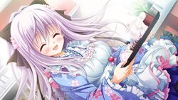  3-nin_iru! blush closed_eyes female food game_cg japanese_clothes kimono long_hair mibuno_suzume open_mouth purple_hair suzui_narumi tray 