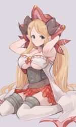  blonde_hair blue_eyes breasts colorized commentary_request draph female granblue_fantasy gucha_(netsu) hallessena horns large_breasts long_hair low_twintails over-kneehighs plaid plaid_skirt pointy_ears sidelocks simple_background sitting skirt smile solo thighhighs twintails 