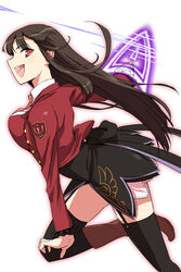  :d black_hair black_skirt black_thighhighs boots breasts commentary_request energy_sword female from_side garter_straps knee_boots konoe_(fogtracks) large_breasts leg_up long_hair lucifer_(umineko) open_mouth photoshop_(medium) profile red_eyes showgirl_skirt sideways_mouth skirt smile solo stakes_of_purgatory sword thighhighs umineko_no_naku_koro_ni weapon white_background zettai_ryouiki 