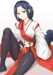  black_footwear black_legwear blue_hair boots breasts commentary_request female hakama hakama_short_skirt hakama_skirt highres hikage_(sennen_sensou_aigis) japanese_clothes knee_boots long_hair long_sleeves looking_at_viewer medium_breasts pantyhose parted_lips red_skirt sano_souichi sennen_sensou_aigis simple_background sitting skirt very_long_hair white_background wide_sleeves 