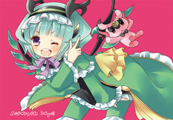  aqua_hair astaroth_(p&amp;d) cauchemar_(p&amp;d) commentary_request doll dress female green_dress hairband horns hoshino_(nia_hoshino) looking_at_viewer one_eye_closed open_mouth pentagram photoshop_(medium) purple_eyes puzzle_&amp;_dragons short_hair smile solo wings 