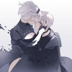  1boy 2b_(nier:automata) 9s_(nier:automata) bad_id bad_twitter_id bob_cut choker couple dress female flower gloves hairband hand_on_another&#039;s_face highres nahonanaho nier:automata nier_(series) sad short_hair straight tears white_hair 