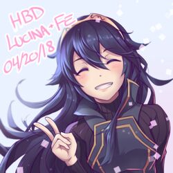  black_sweater blue_hair blush cape closed_eyes commentary dark_blue_hair english_commentary female fire_emblem fire_emblem_awakening hair_between_eyes happy_birthday kaijuicery long_hair lucina_(fire_emblem) ribbed_sweater smile solo sweater teeth tiara v 