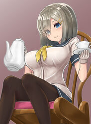  black_pantyhose blue_eyes breasts chair commentary_request cup eyes_visible_through_hair female gloves grey_hair hair_ornament hair_over_one_eye hairclip hamakaze_(kancolle) holding kantai_collection large_breasts looking_at_viewer neckerchief pantyhose pleated_skirt saucer school_uniform serafuku short_hair short_sleeves simple_background sin_(kami148) sitting skirt smile solo teacup teapot white_gloves yellow_neckerchief 