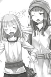 2girls ayakura_juu closed_eyes collarbone dress greyscale highres holo long_hair long_sleeves monochrome mother_and_daughter multiple_girls myuri_(spice_and_wolf) non-web_source novel_illustration oerba_yun_fang official_art one_eye_closed open_mouth shinsetsu_spice_and_wolf shirt simple_background smack spice_and_wolf standing white_background 