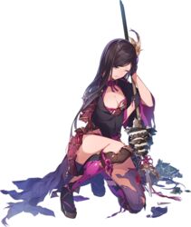  ;( artist_request black_gloves black_hair breasts broken_spear cleavage female full_body gloves grey_eyes hair_ornament holding holding_polearm holding_weapon iyo_matsuyama_(oshiro_project) large_breasts long_hair official_art on_one_knee oshiro_project:re parted_bangs polearm sandals solo spear torn_clothes transparent_background very_long_hair weapon wedge_heels 