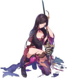  ;( artist_request black_gloves black_hair breasts broken_spear cleavage female full_body gloves grey_eyes hair_ornament holding holding_polearm holding_weapon iyo_matsuyama_(oshiro_project) large_breasts long_hair official_art on_one_knee oshiro_project:re parted_bangs polearm sandals solo spear torn_clothes transparent_background very_long_hair weapon wedge_heels 