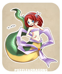  bandeau blue_eyes blush_stickers breasts clenched_hand commentary_request copyright_name female grey_background hairband hoshino_(nia_hoshino) lamia long_hair looking_at_viewer monster_girl naga_(p&amp;d) navel open_mouth outline parted_bangs photoshop_(medium) puzzle_&amp;_dragons red_hair sash simple_background small_breasts smile solo swept_bangs tail waving 