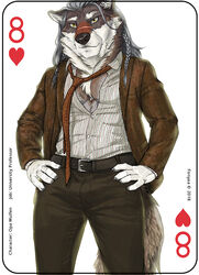  2018 anthro antlers ball belt bottomwear canid canine canis card card_template clothed clothing copyright_symbol digital_media_(artwork) eight_of_hearts english_text fonyaa fur hair heart_symbol hearts_(suit) horn jacket male mammal muscular muscular_anthro muscular_male necktie opa_wulfen pants playing_card playing_card_template professor scar shirt simple_background smile solo standing symbol text topwear white_body white_fur wolf 