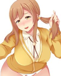  :d ako_suke alternate_hairstyle blush bolo_tie breasts brown_hair cardigan collared_shirt commentary_request female hair_between_eyes hair_bobbles hair_ornament highres holding holding_own_hair kunikida_hanamaru large_breasts leaning_forward long_hair long_sleeves looking_away love_live! love_live!_sunshine!! nose_blush open_mouth paw_print shirt simple_background smile solo twintails white_background white_shirt wide_hips wing_collar 