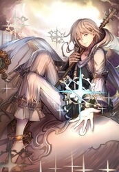  1boy anklet barefoot blue_eyes braid cloud commentary_request eyebrows glowing granblue_fantasy grey_hair highres hood jewelry long_hair looking_at_viewer male_focus noa_(granblue_fantasy) parted_lips photoshop_(medium) signature smile solo sparkle staff star_(symbol) starry_background tenyo0819 