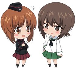  2girls ashiwara_yuu black_hat black_jacket black_neckerchief black_socks blouse blush_stickers brown_eyes brown_hair chibi commentary_request cosplay costume_switch dress_shirt flying_sweatdrops full_body garrison_cap girls_und_panzer green_skirt hand_on_own_hip hat jacket kuromorimine_military_uniform long_sleeves looking_at_another military military_hat military_uniform multiple_girls neckerchief nishizumi_maho nishizumi_miho ooarai_school_uniform open_mouth pleated_skirt red_shirt red_skirt school_uniform serafuku shirt short_hair siblings side-by-side simple_background sisters skirt smile socks standing uniform white_background white_shirt 