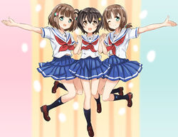  3girls abe_kanari black_hair blue_legwear brown_eyes brown_hair commentary_request green_eyes hair_ornament hairclip high_school_fleet holding_hands irako_mikan kinesaki_akane kinesaki_homare multiple_girls neckerchief one_eye_closed photoshop_(medium) school_uniform serafuku short_hair short_sleeves yokosuka_girls_marine_high_school_uniform 