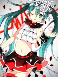  bless_you_(module) commentary_request female flower green_eyes green_hair hair_flower hair_ornament hatoichi_reno hatsune_miku heart highres long_hair midriff navel nisoku_hokou_(vocaloid) one_eye_closed project_diva_(series) project_diva_f_2nd skirt solo thighhighs twintails very_long_hair vocaloid 