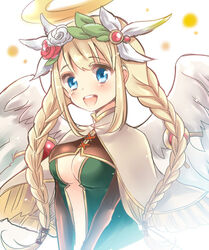  angel archangel_(p&amp;d) blonde_hair blue_eyes braid capelet cleavage_cutout clothing_cutout commentary_request female hairband halo hoshino_(nia_hoshino) long_hair looking_at_viewer open_mouth puzzle_&amp;_dragons smile solo twin_braids wings 