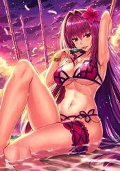  armpits bare_shoulders beach bikini bracelet breasts bridal_garter cleavage collarbone commentary_request evening fate/grand_order fate_(series) feathers female flower gae_bolg_(fate) hair_between_eyes hair_flower hair_intakes hair_ornament hibiscus highres holding holding_weapon jewelry kunai large_breasts looking_at_viewer navel npcpepper open_mouth partially_submerged pink_bikini polearm purple_bikini purple_hair red_eyes scathach_(fate) scathach_(swimsuit_assassin)_(fate) sitting solo spear stomach swimsuit thighs underboob weapon 